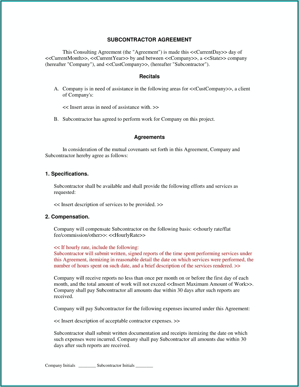 Subcontractor Agreement Template For Professional Services Uk