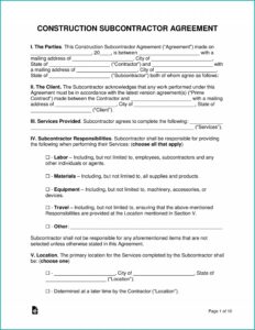 Subcontractor Agreement Template Free