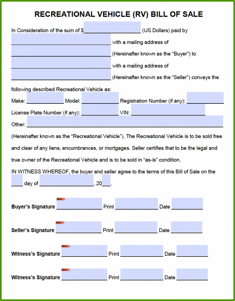 Texas Bill Of Sale Form For Rv