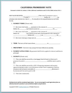 Unsecured Promissory Note Template California