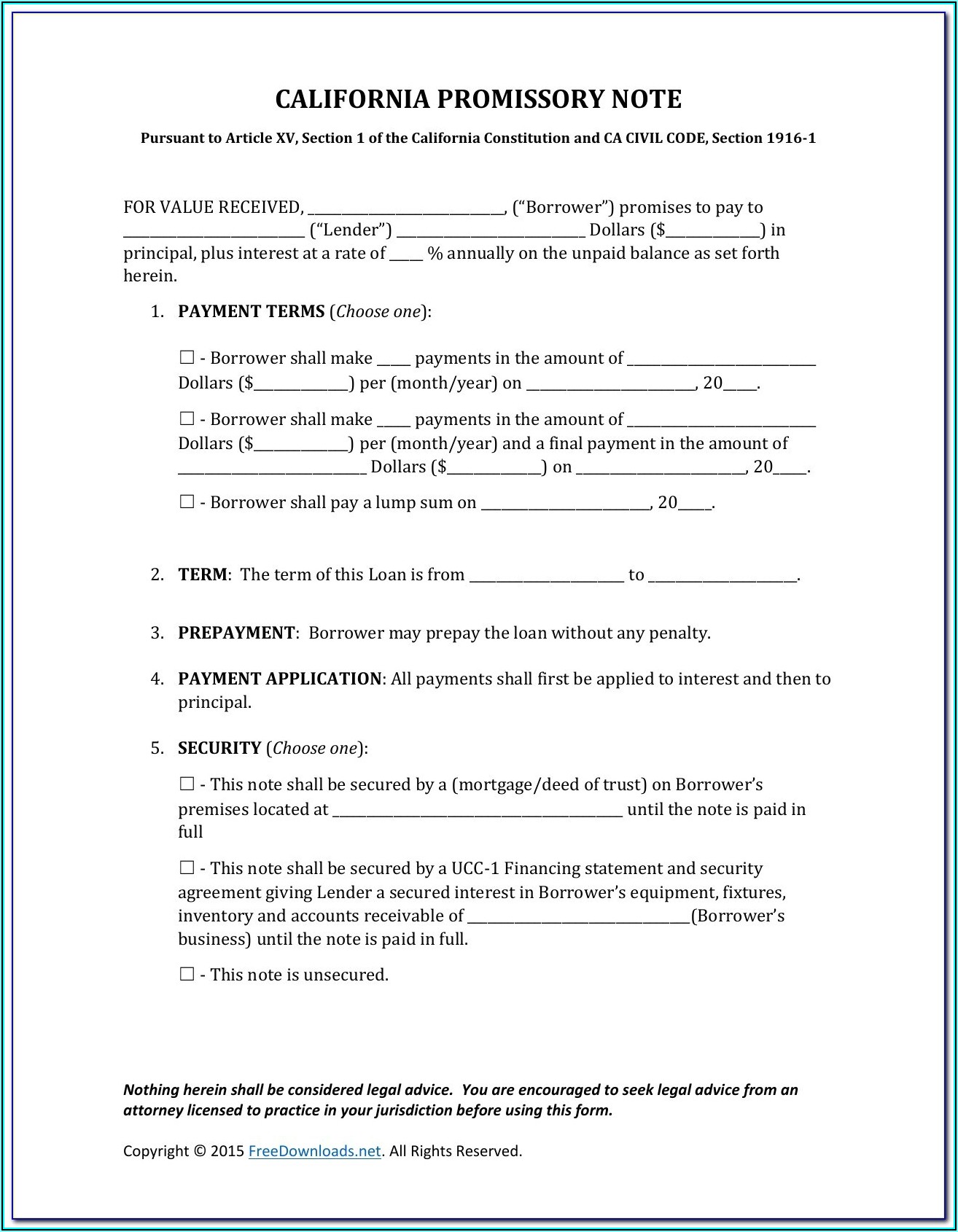 Unsecured Promissory Note Template California