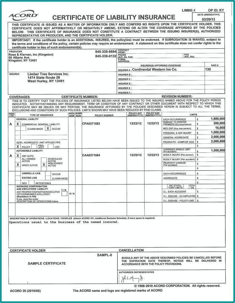 Acord Certificate Of Liability Insurance Fillable Form