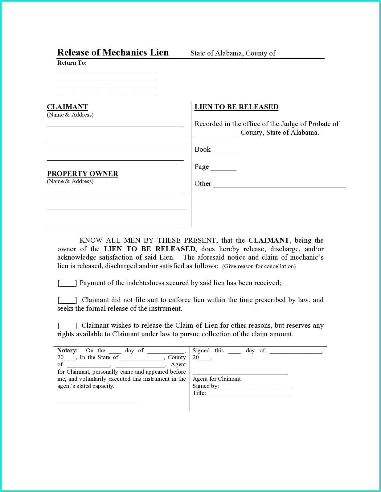 Alabama Construction Lien Waiver Form