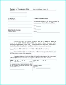 Alabama Release Of Mechanic's Lien Form