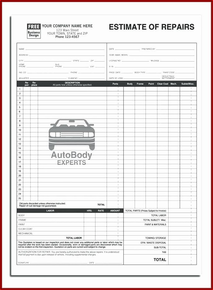 Auto Repair Estimate Form Excel