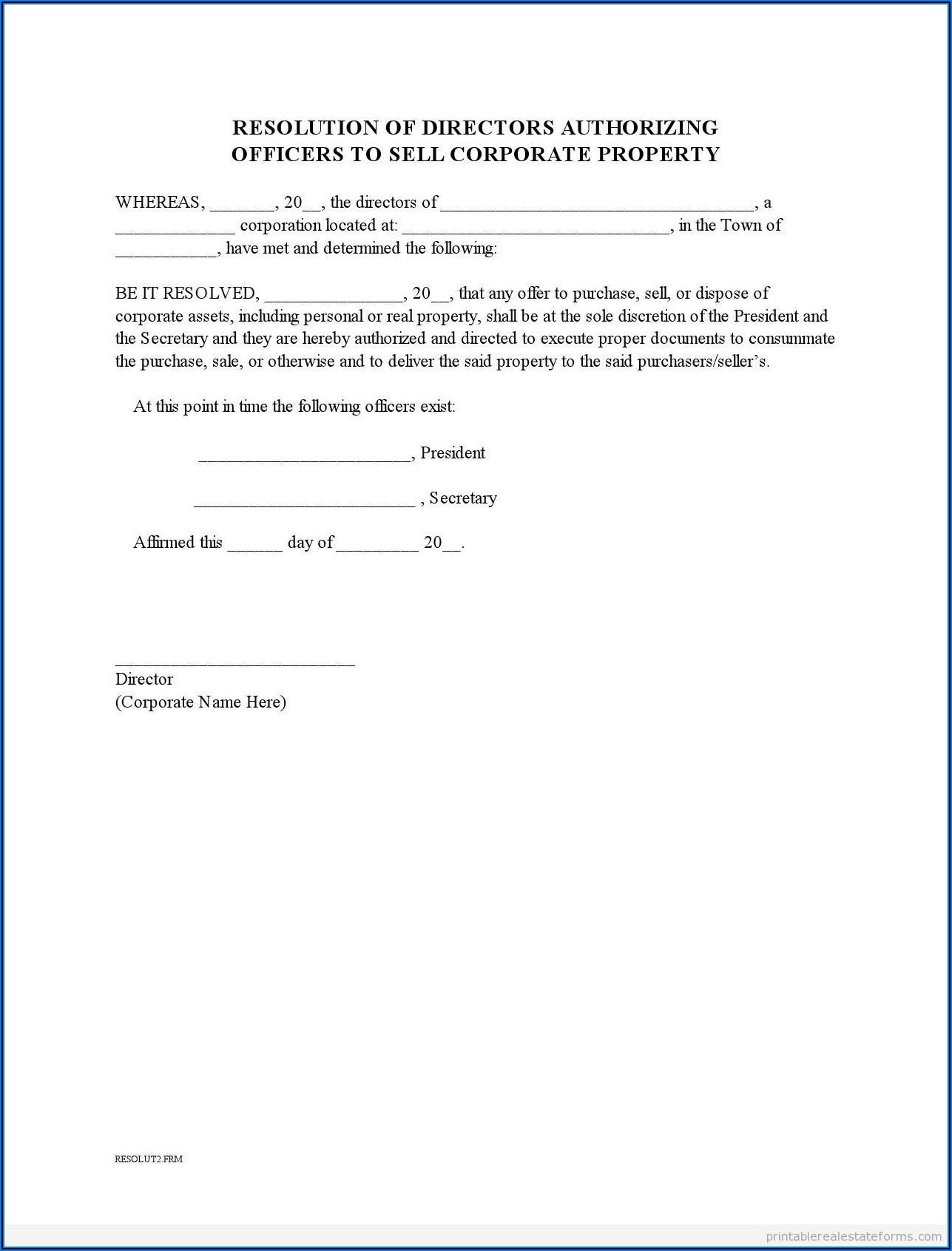 Blank Corporate Authorization Resolution Form