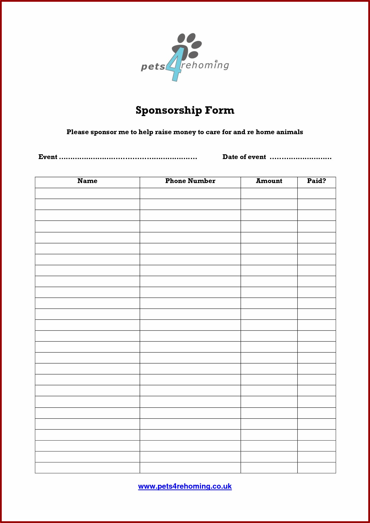 Charity Fundraising Sponsorship Form Template