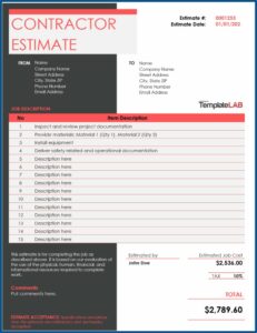 Construction Estimate Form Template Free