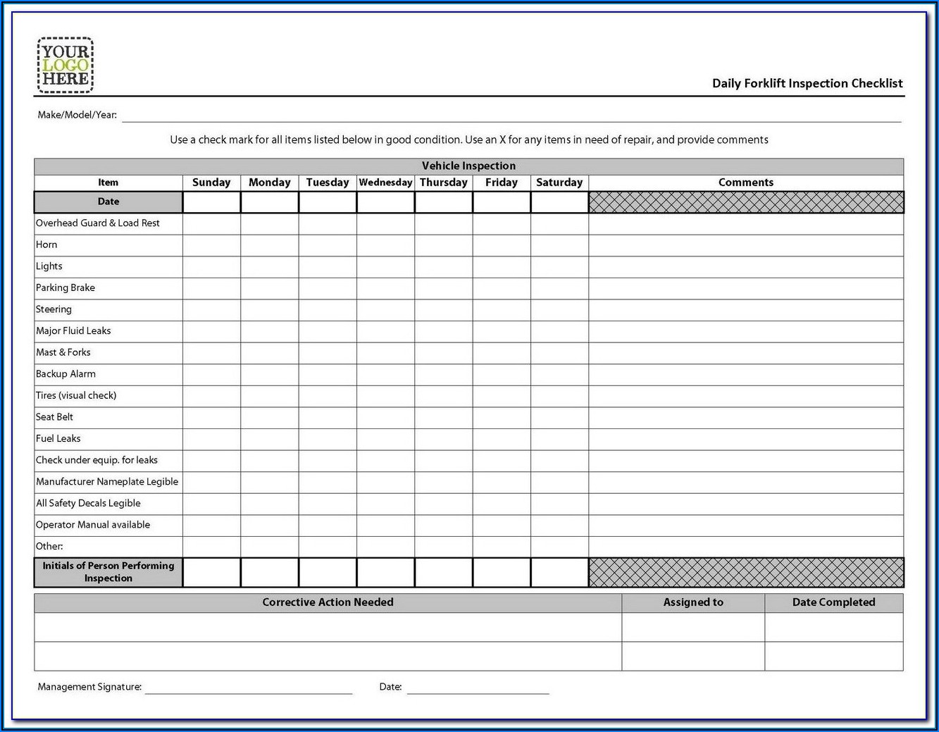 Daily Forklift Inspection Checklist Form