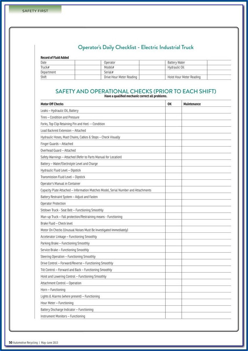 Daily Forklift Inspection Checklist Template