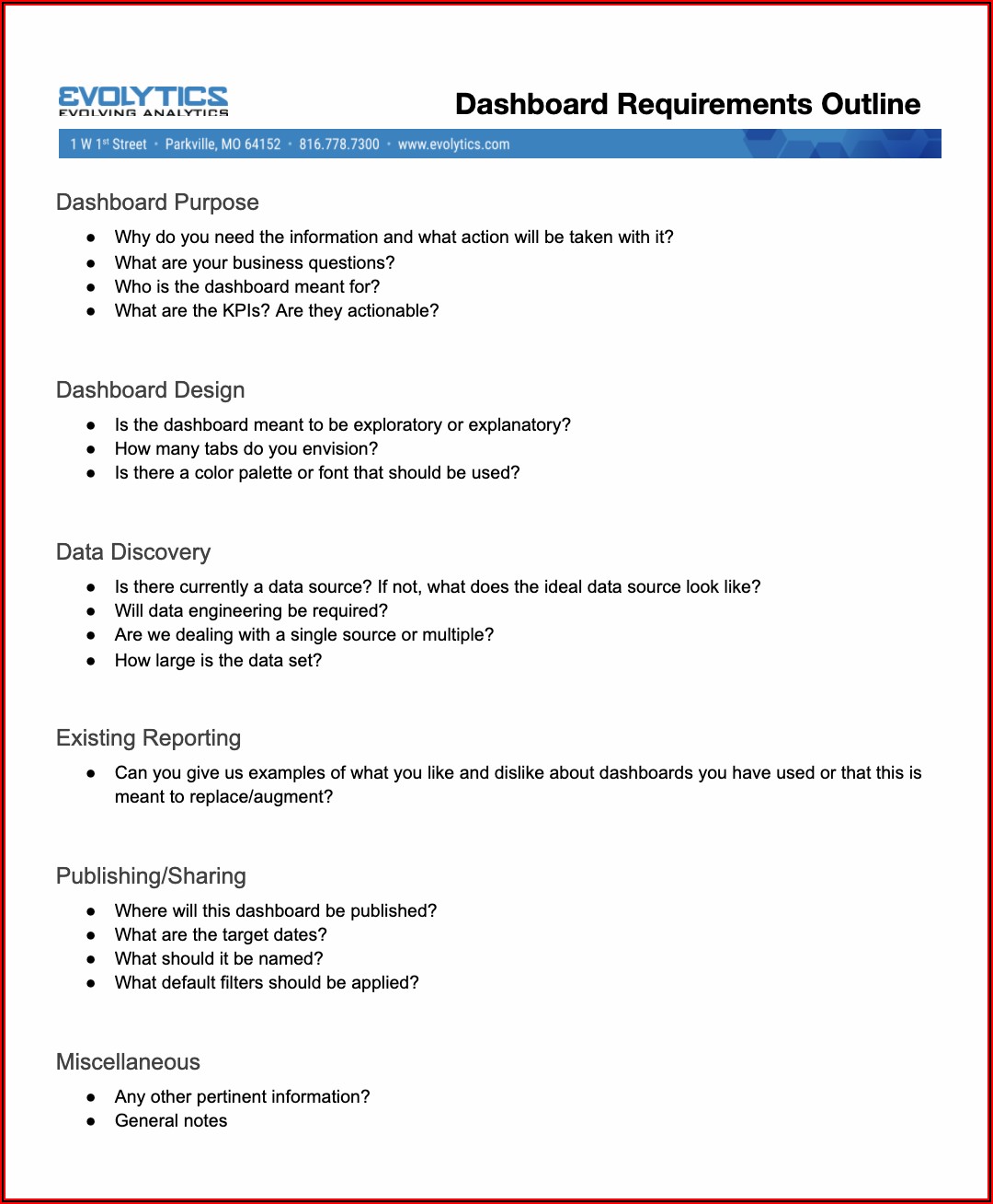 Dashboard Requirements Gathering Template