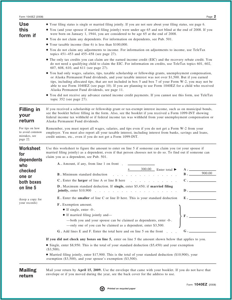 Form 1040ez Income Tax Return For Single