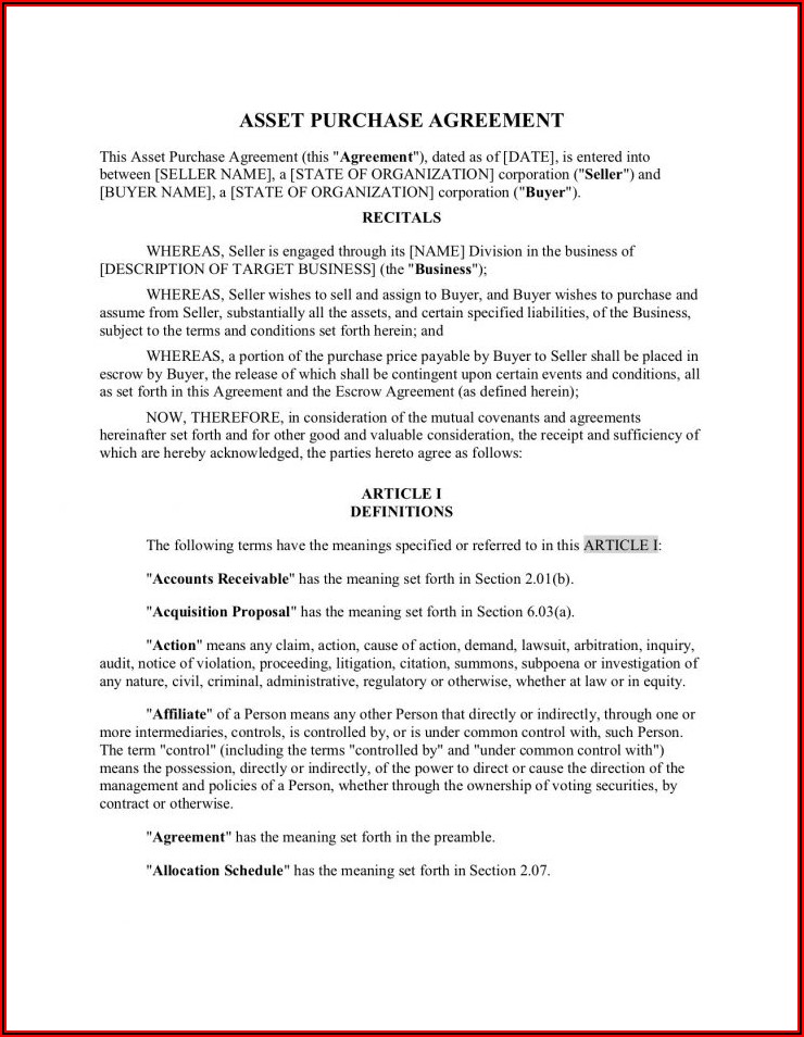 Free Business Purchase And Sale Agreement Template