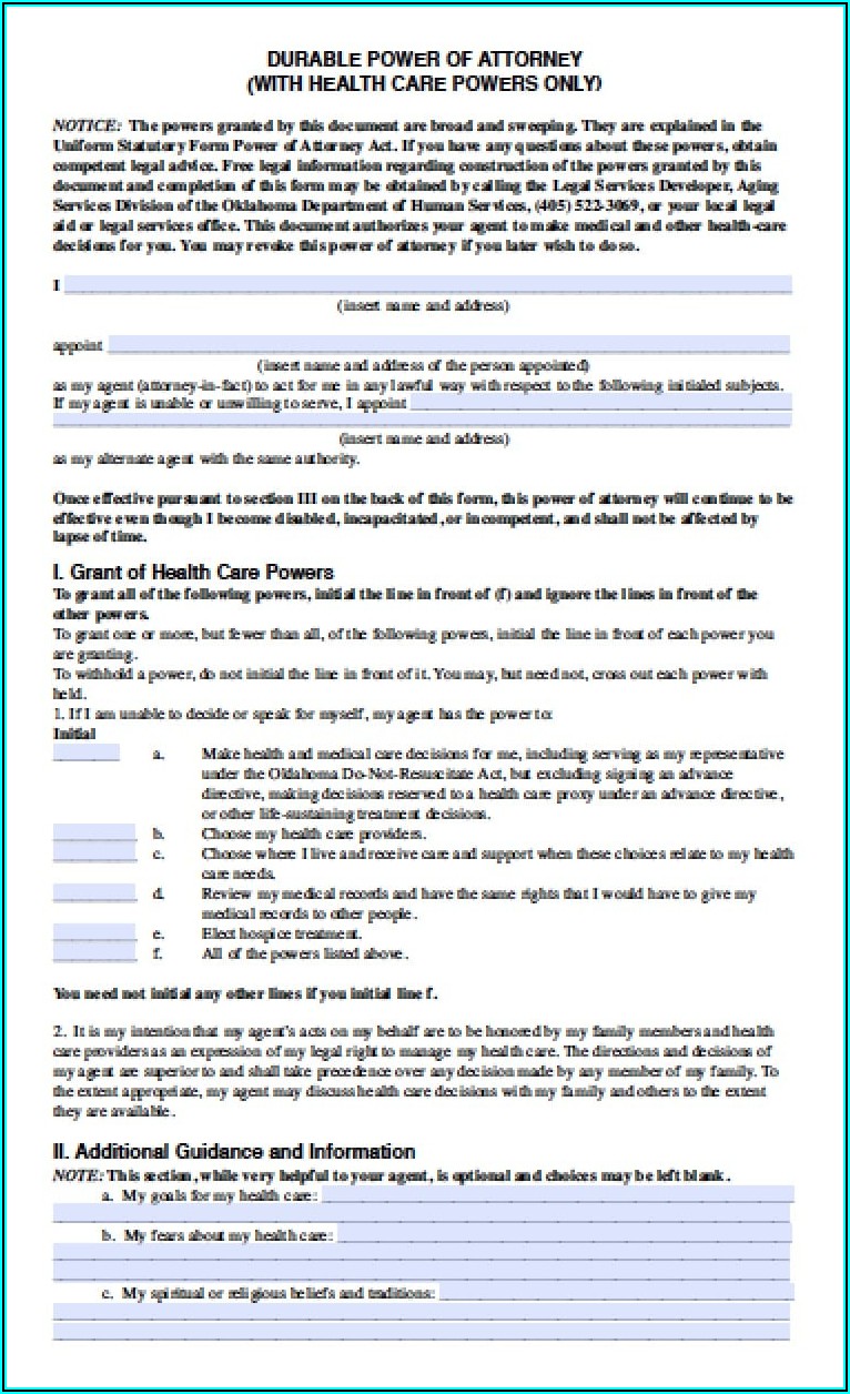 Free Medical Power Of Attorney Form Oklahoma