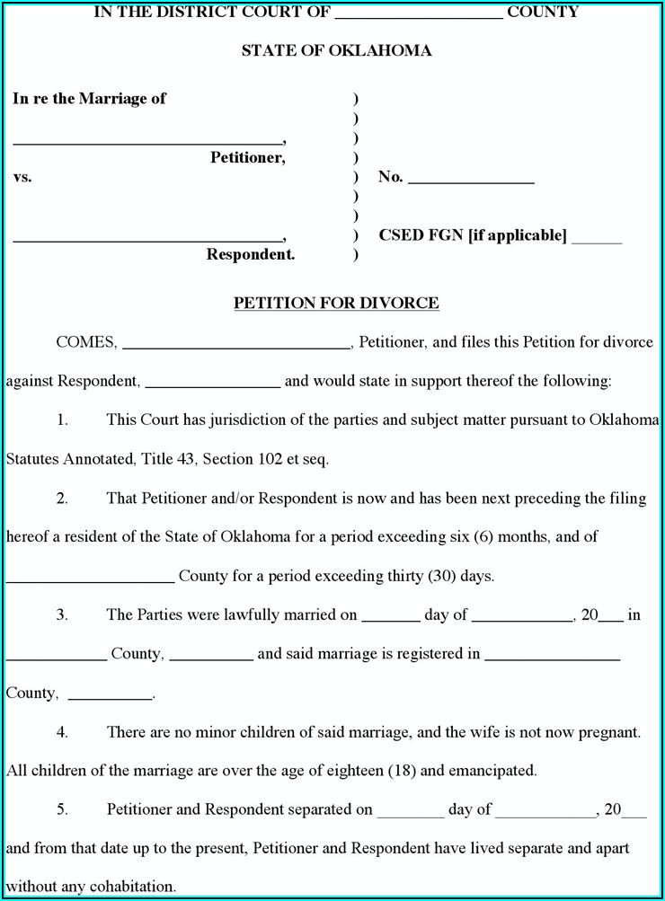 Free Petition For Divorce Form Oklahoma
