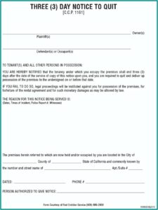 Free Sample 3 Day Eviction Notice