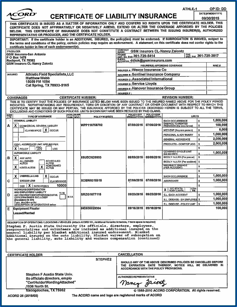 General Liability Waiver Of Subrogation Endorsement