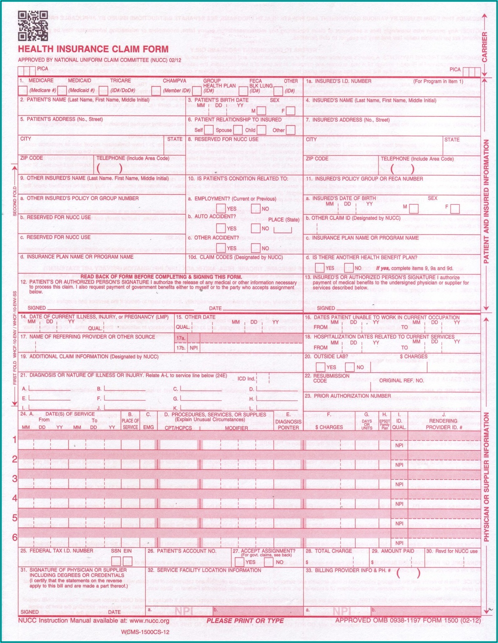 Health Insurance Claim Form 1500 Fillable Download