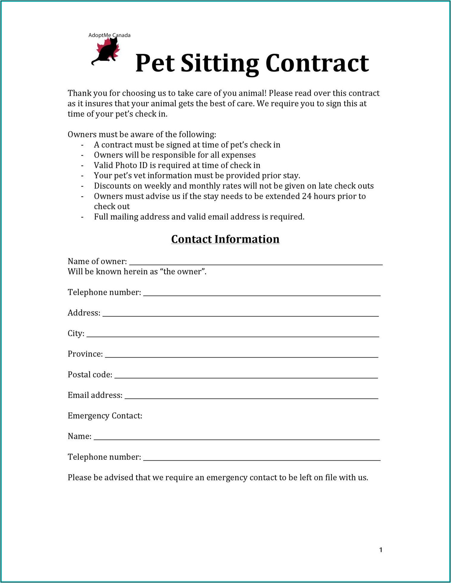 Pet Sitter Contract Template