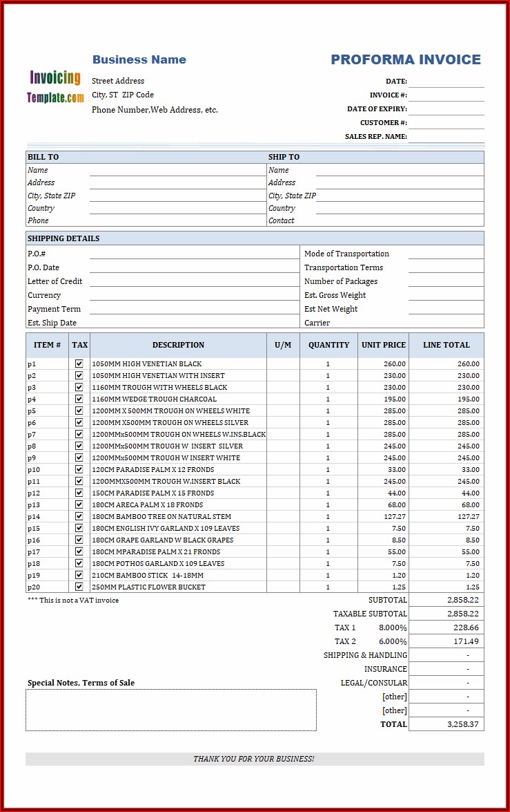 Proforma Invoice Template For International Shipping