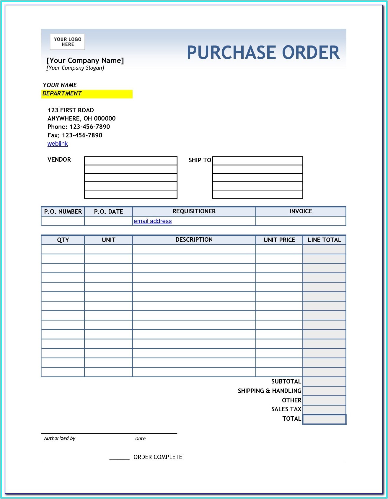 Purchase Order Form Excel Download