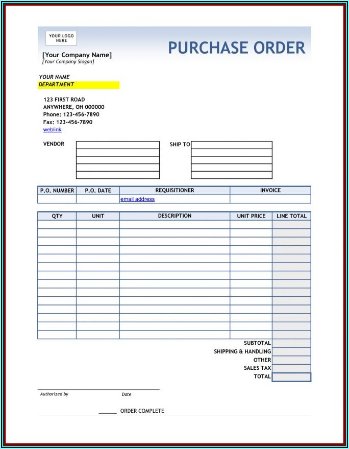 Purchase Order Sample Excel