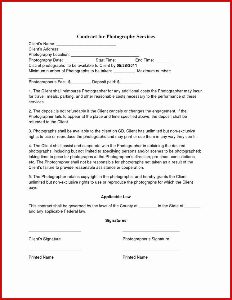 Simple Wedding Photography Contract Template Free
