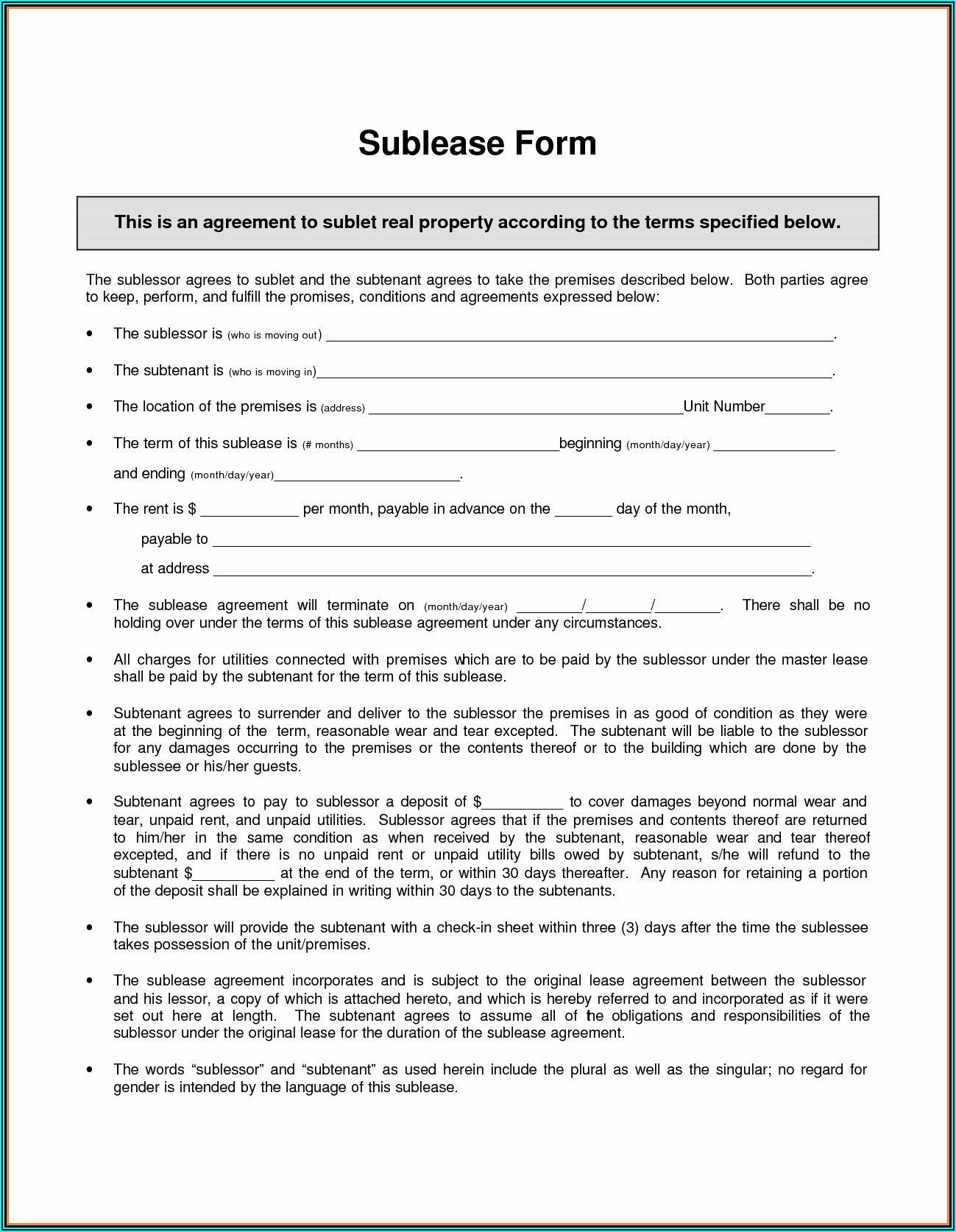 Sublease Agreement Format In Word India