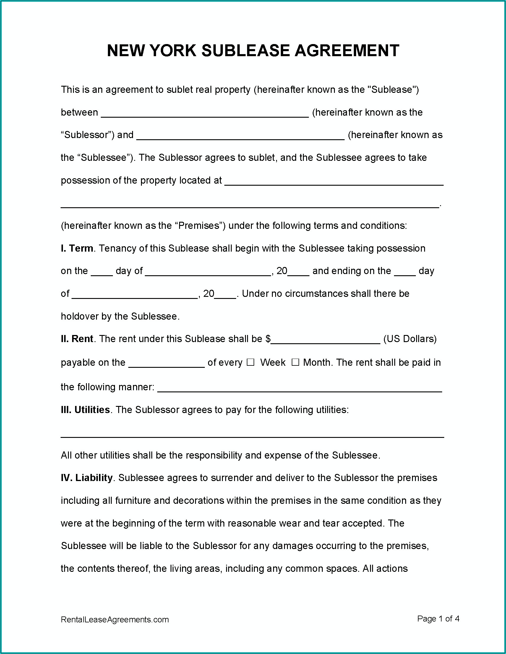 Sublet Contract Form