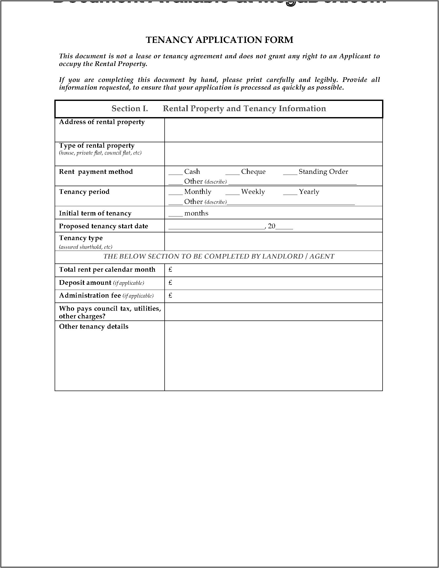 Tenancy Application Form Uk