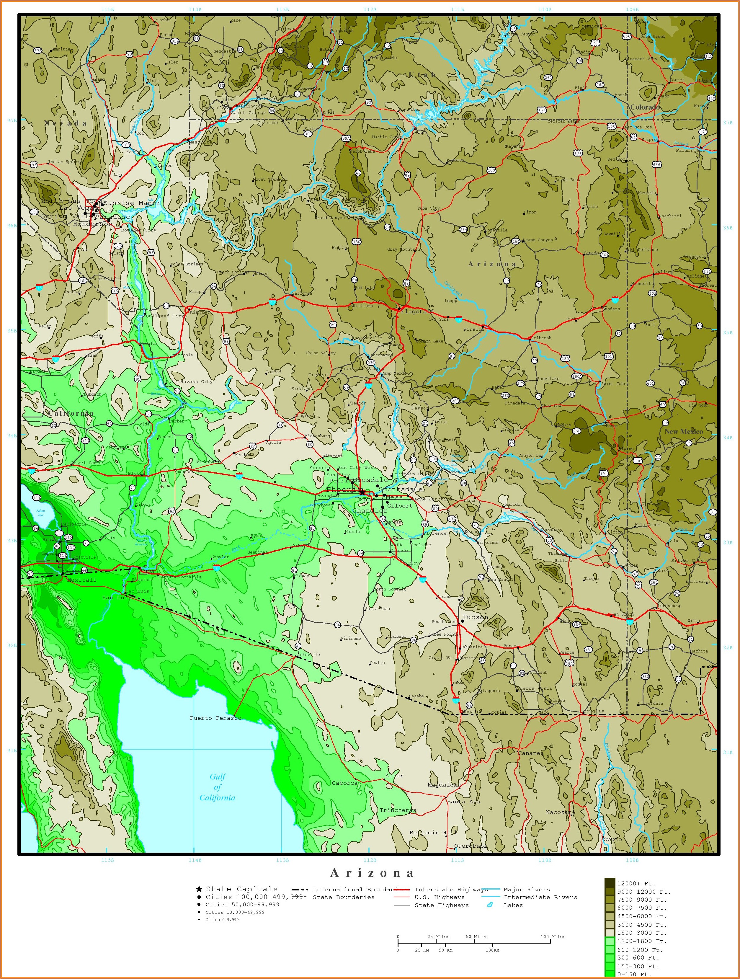 Topographic Map Of Arizona With Cities