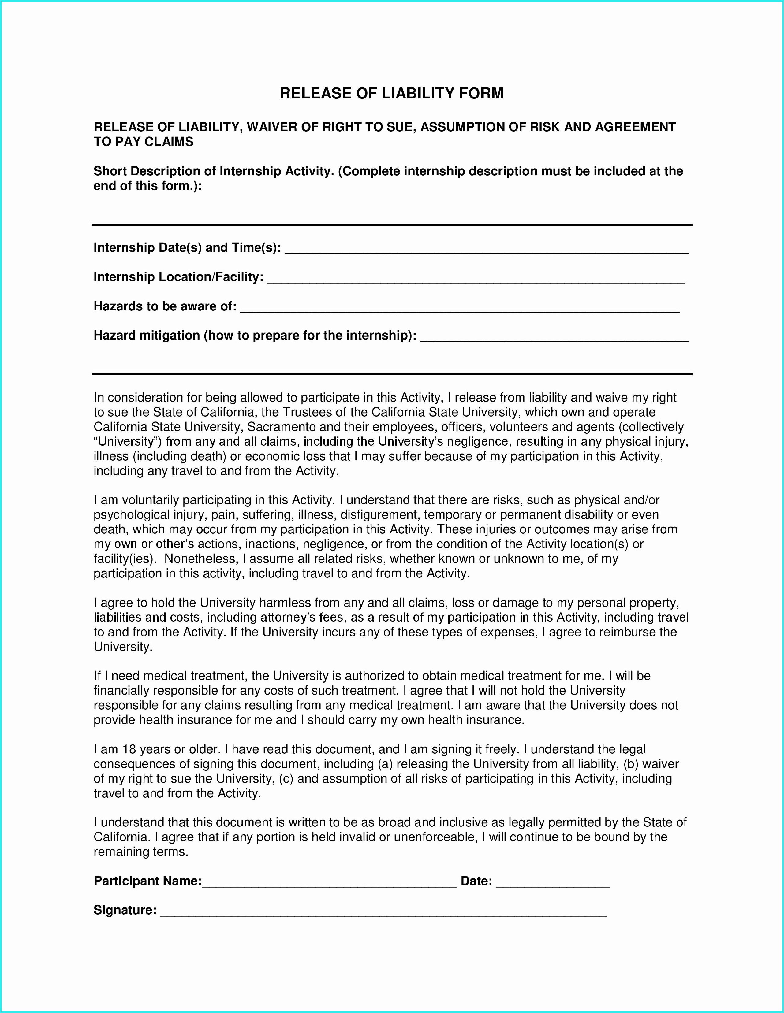 Waiver Of Liability Form Template Free
