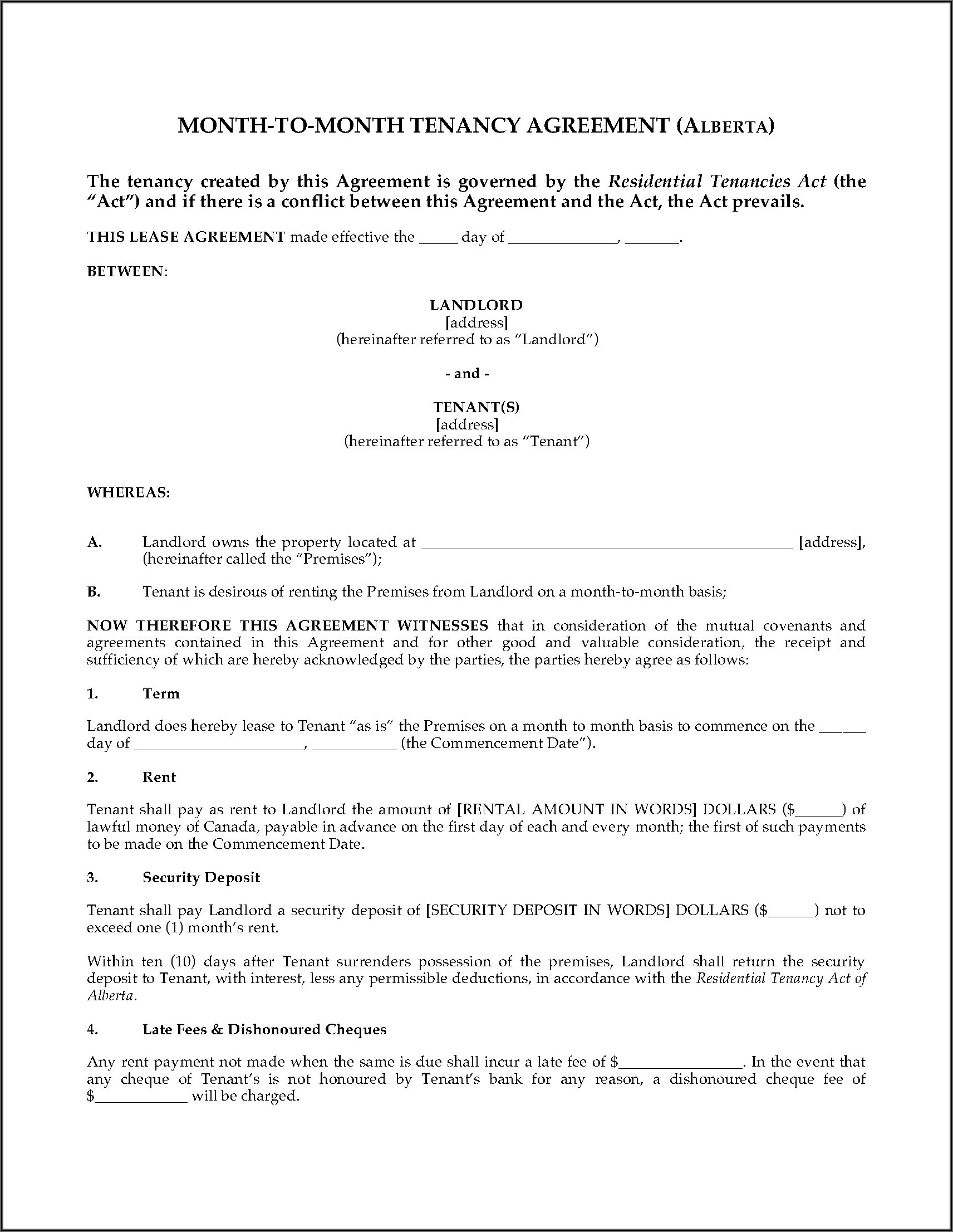 Alberta Tenant Agreement Form