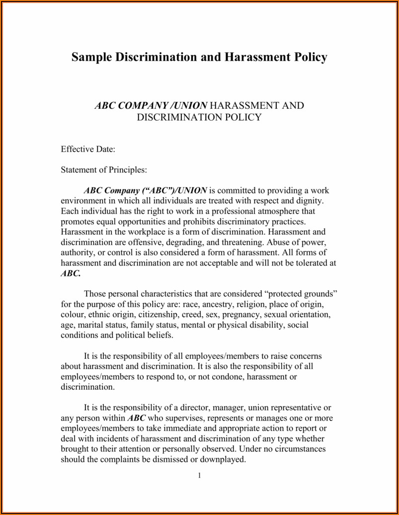 Anti Discrimination Harassment Policy Template