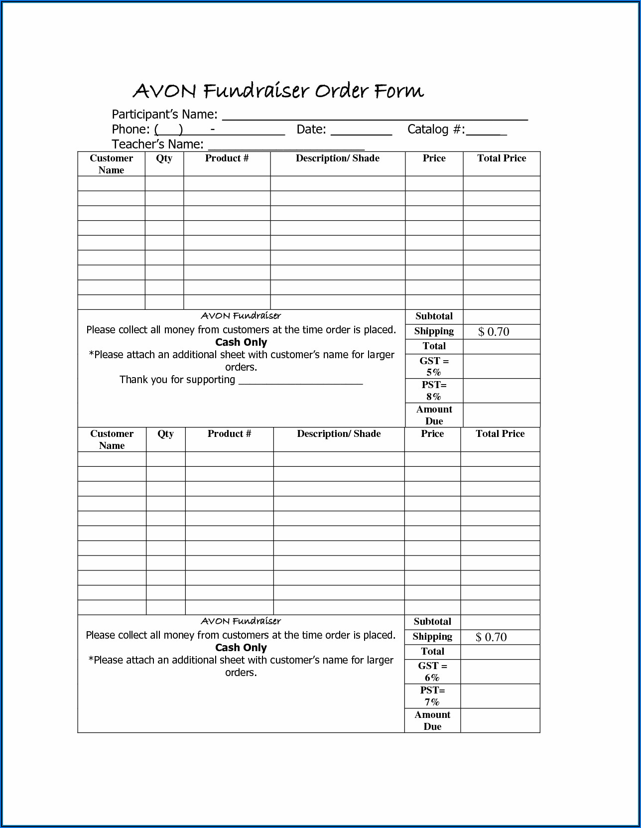 Avon Order Form Template