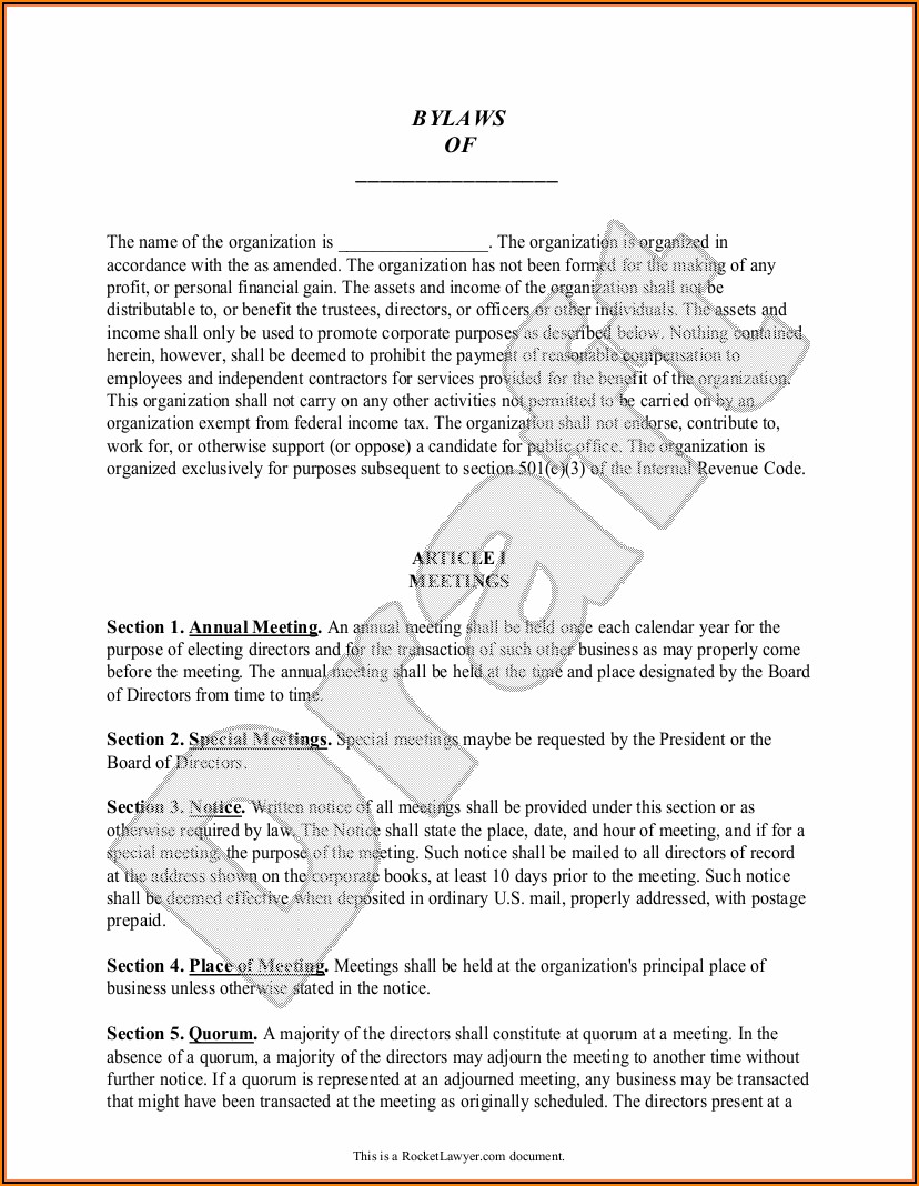 Bylaws For Nonprofit Organizations Template