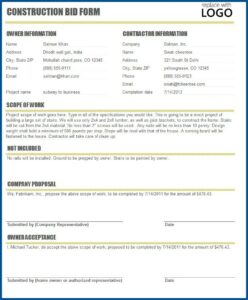 Construction Bid Form Template