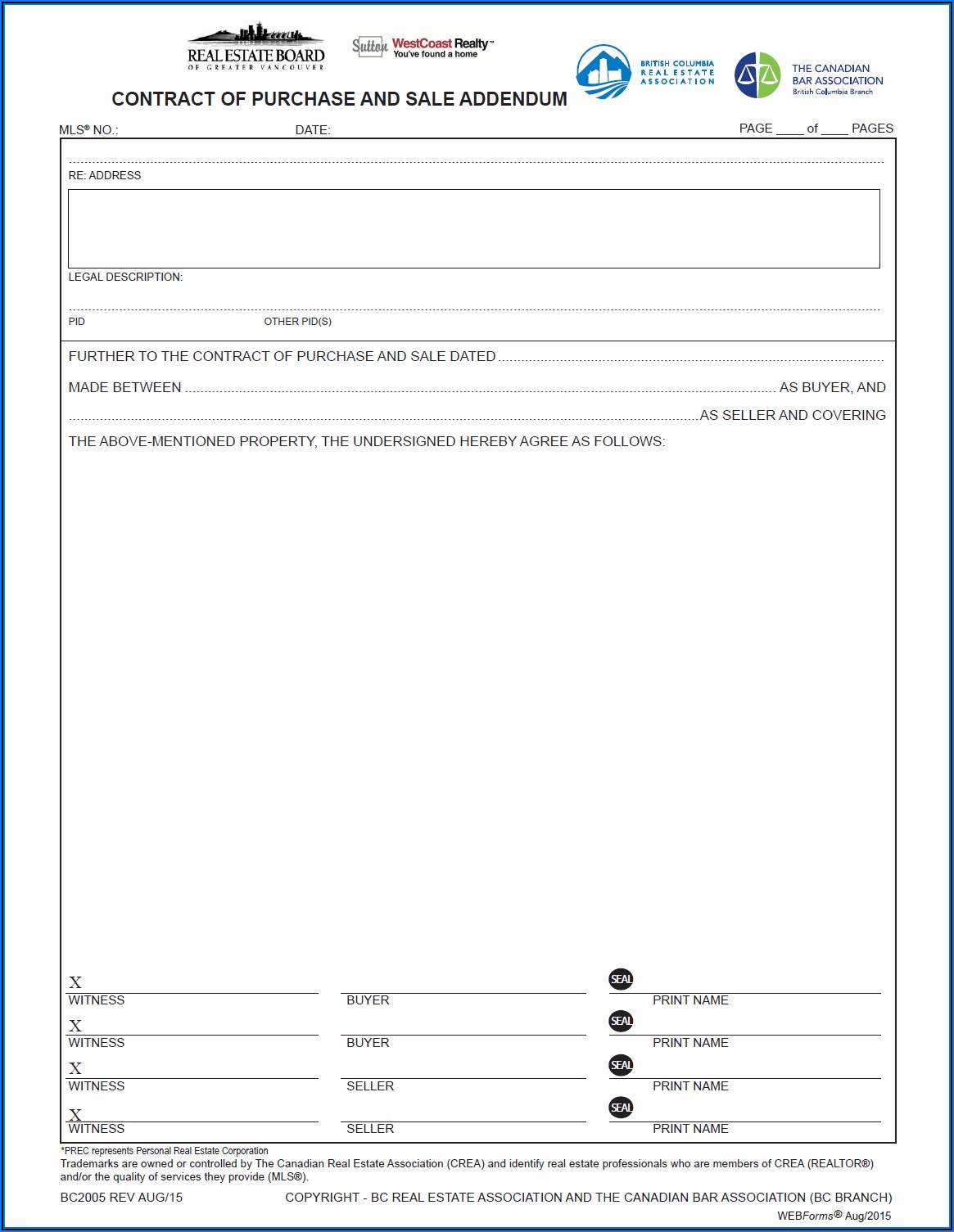 Contract Of Purchase And Sale Addendum Bc Fillable Form
