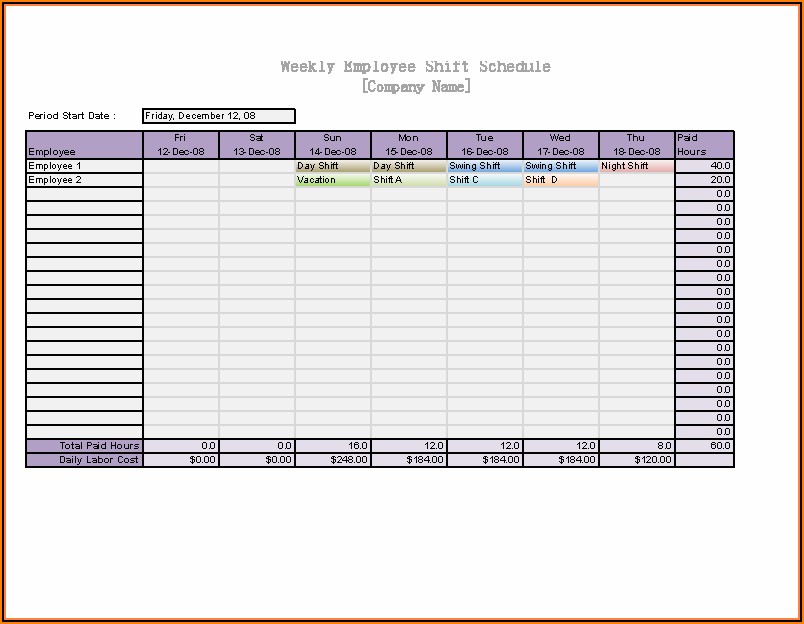 Daily Work Schedule Excel Template