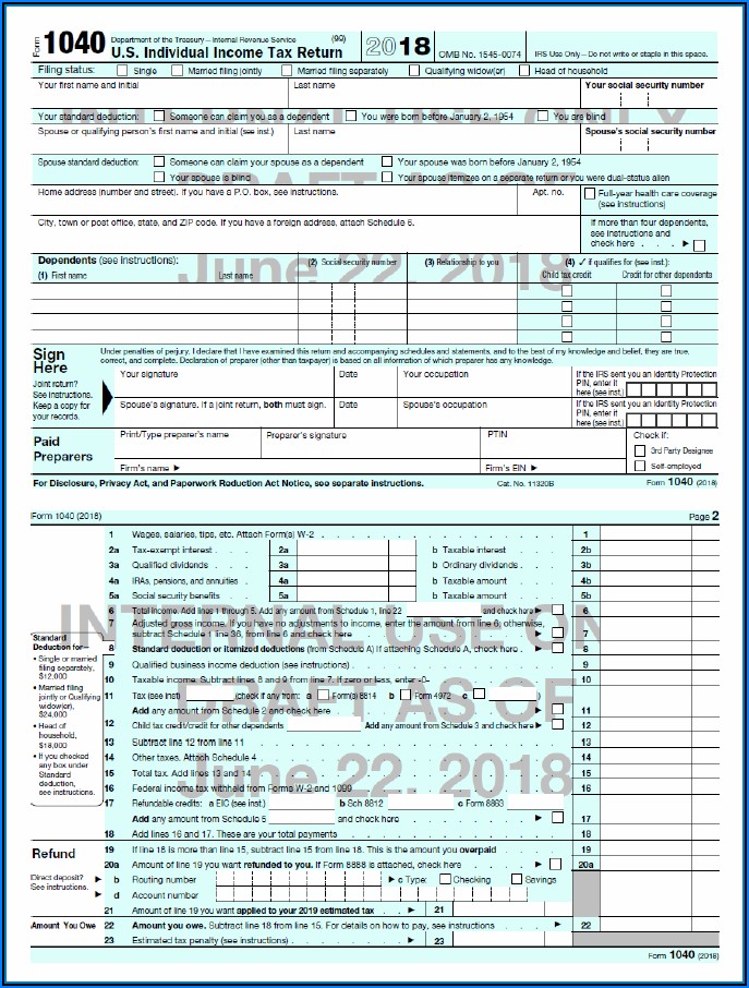 Federal Tax Return Form 1040 For 2018