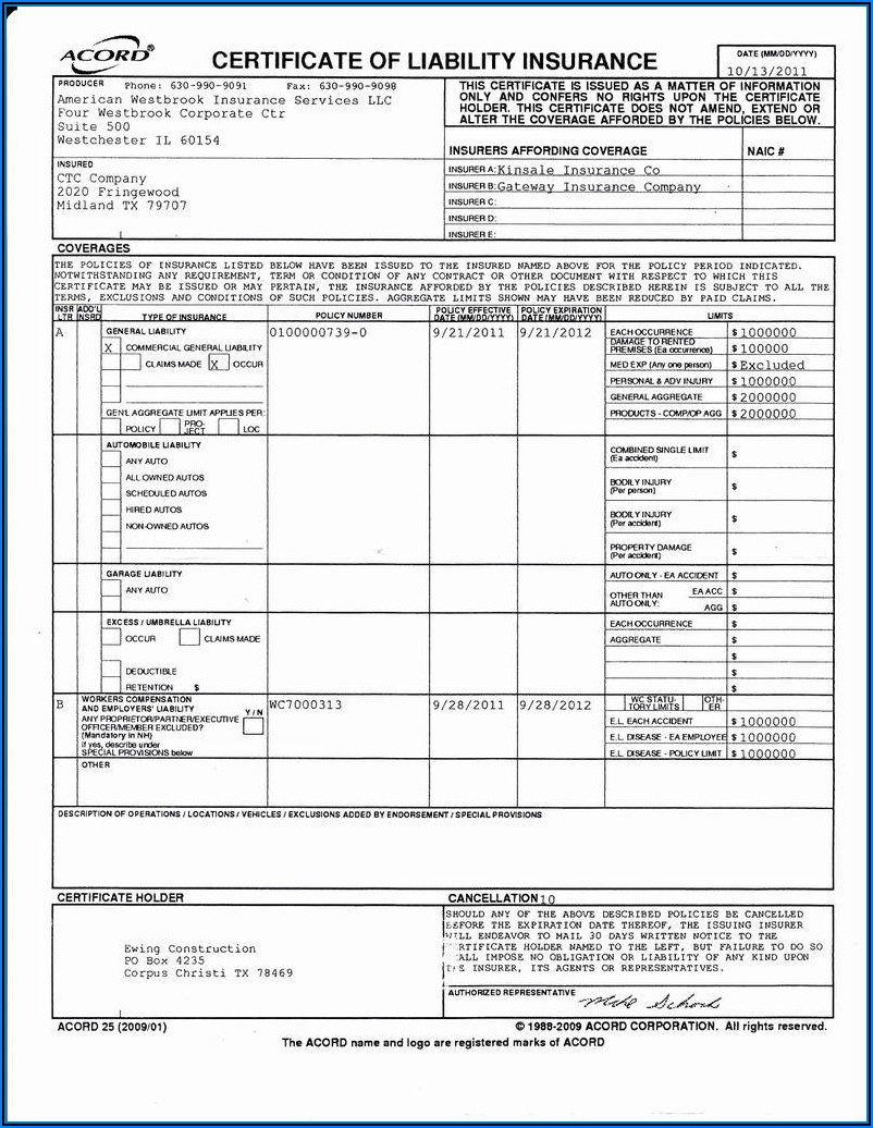 Fillable General Liability Acord Form