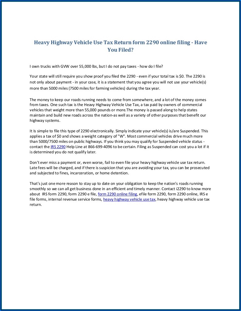 Heavy Highway Vehicle Tax Return Form 2290