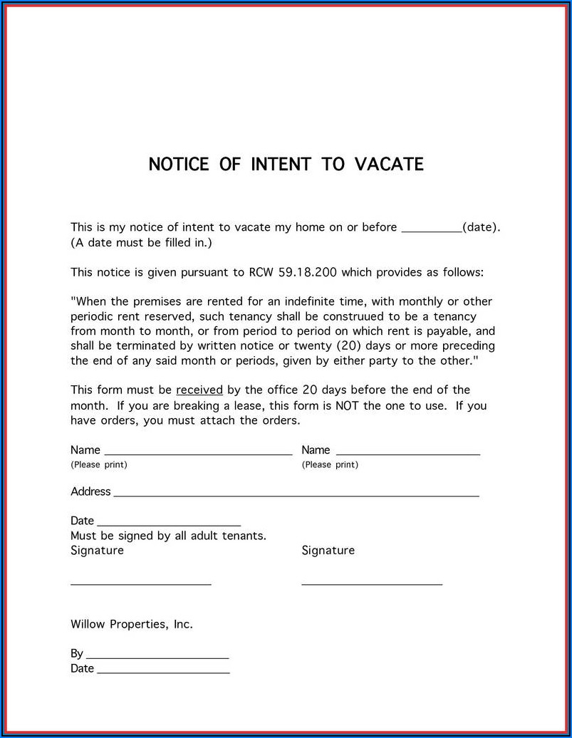 Indiana Notice To Vacate Free Form