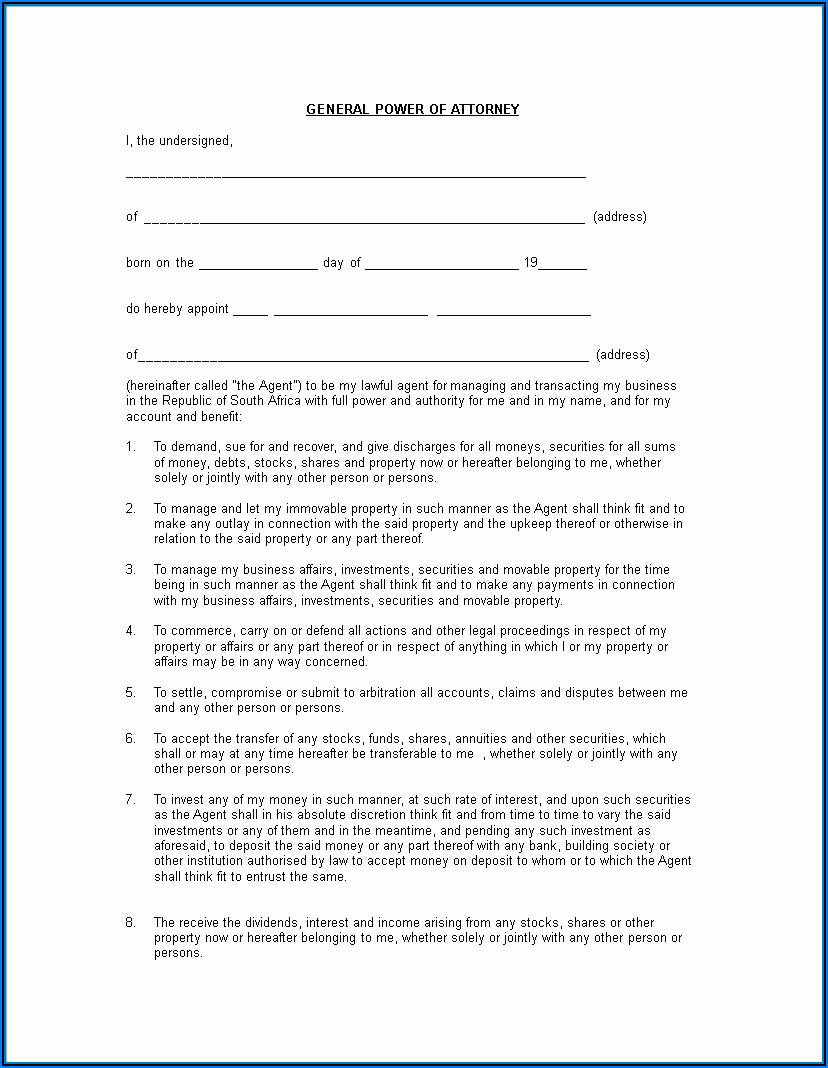 Standard Power Of Attorney Form South Africa