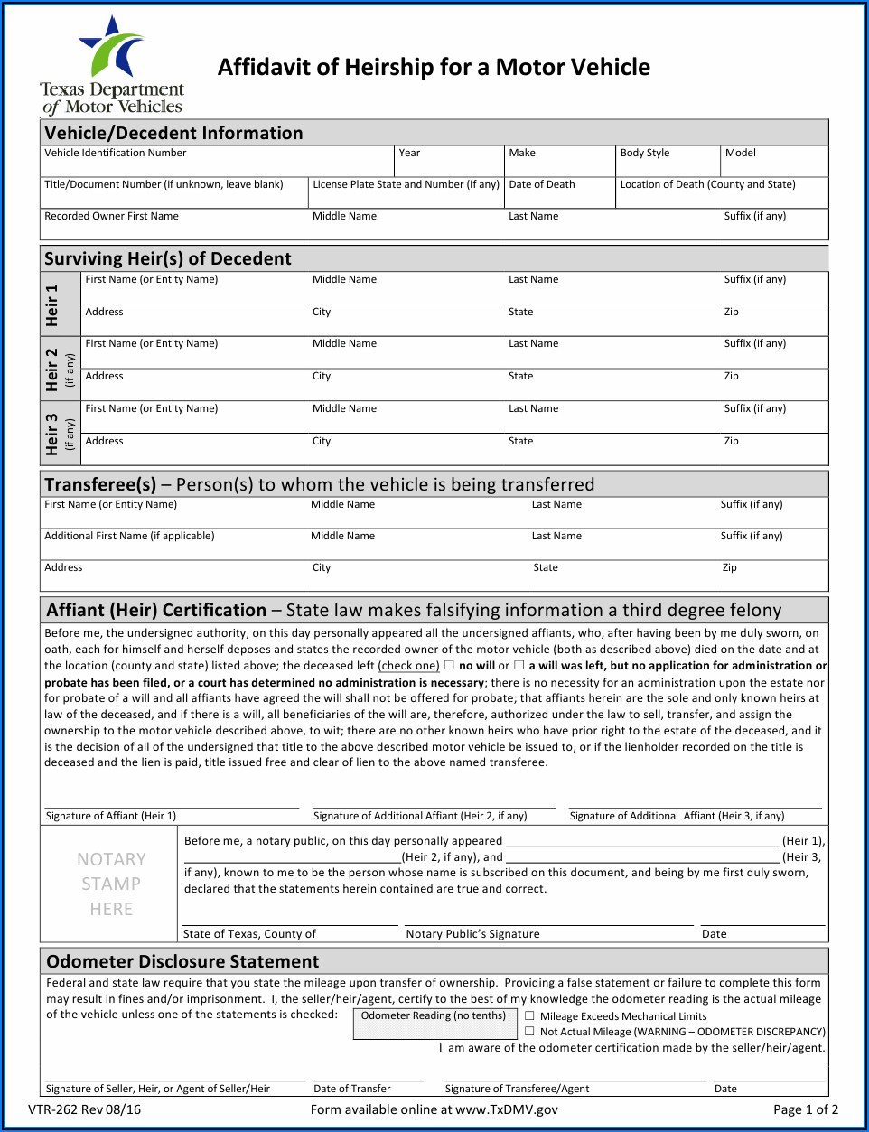 Statutory Affidavit Of Heirship Form Texas