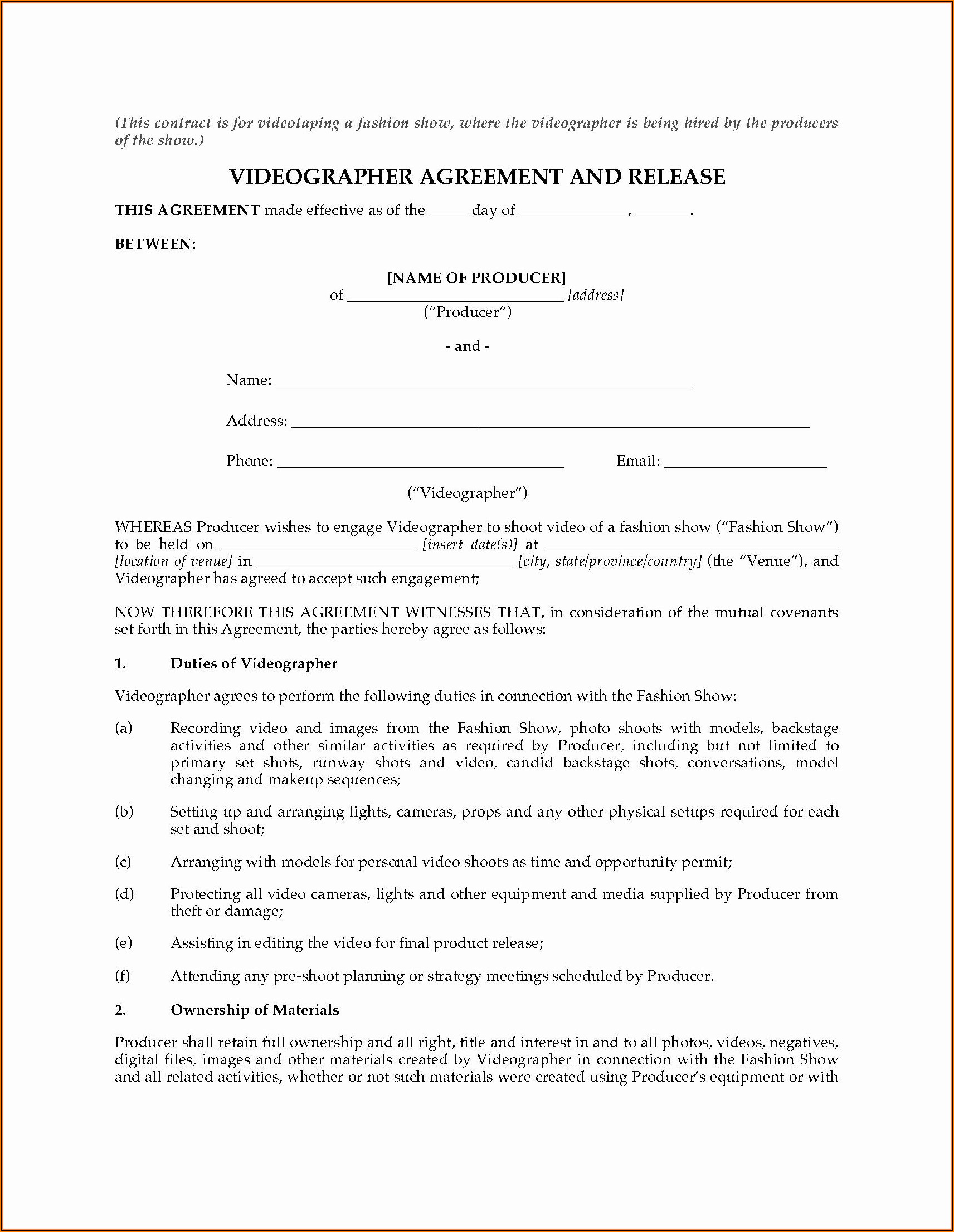 Videography Agreement Template