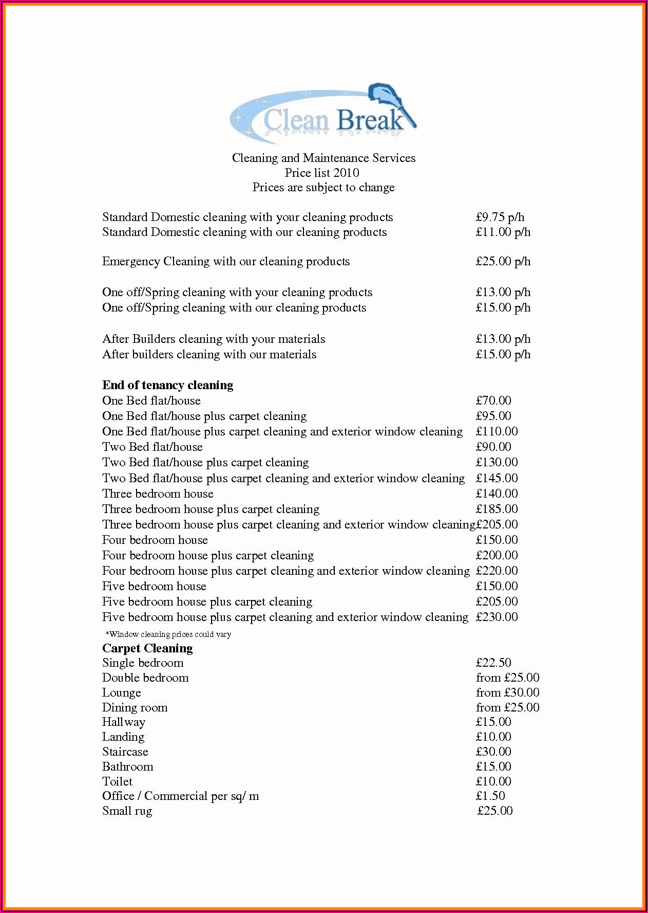 Carpet Cleaning Price List Template