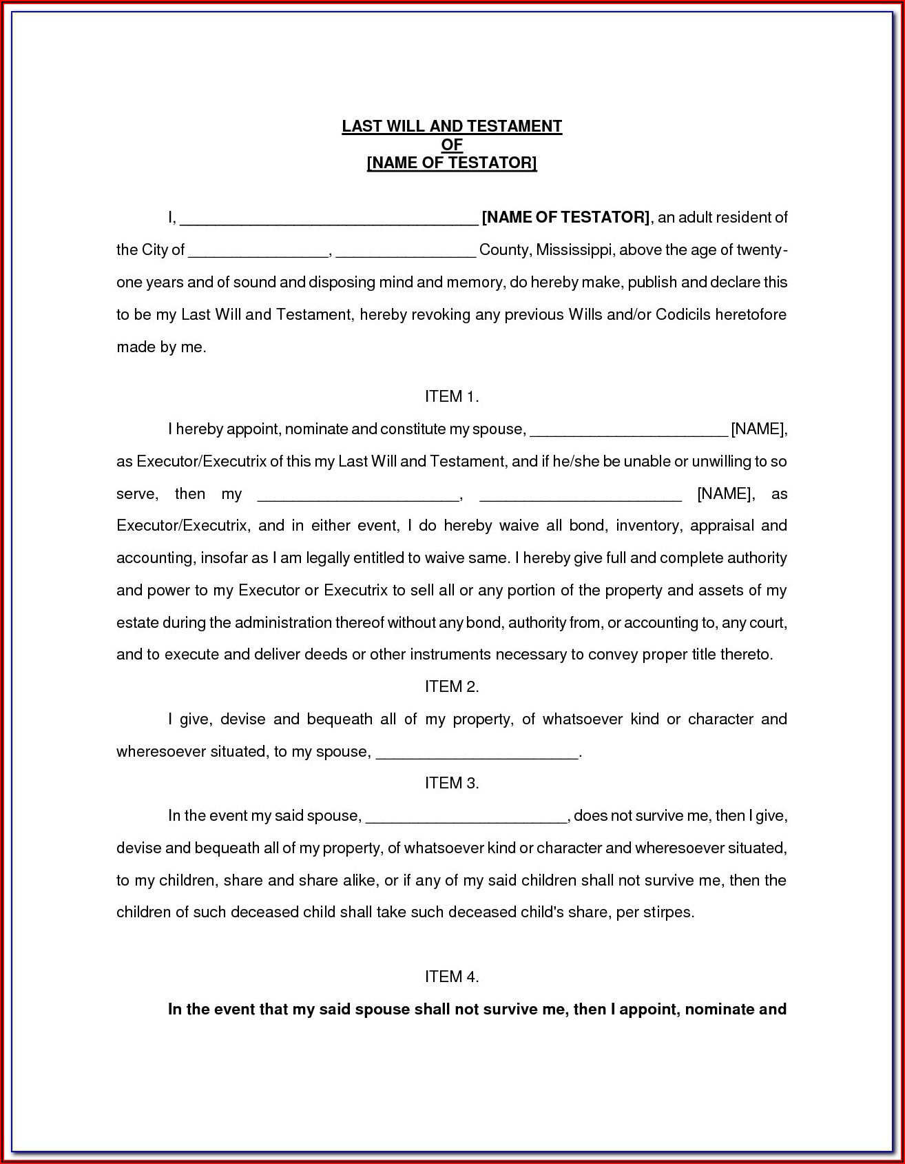 Examples Of Last Will And Testament Template