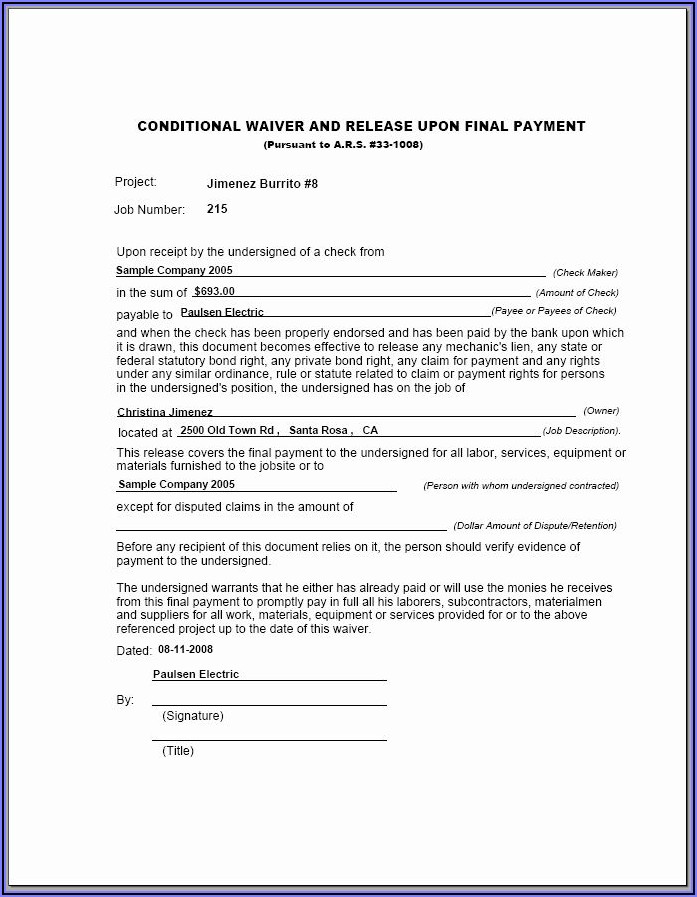 Fillable Final Waiver Of Lien Form