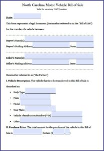 Free Bill Of Sale Form For Car Nc